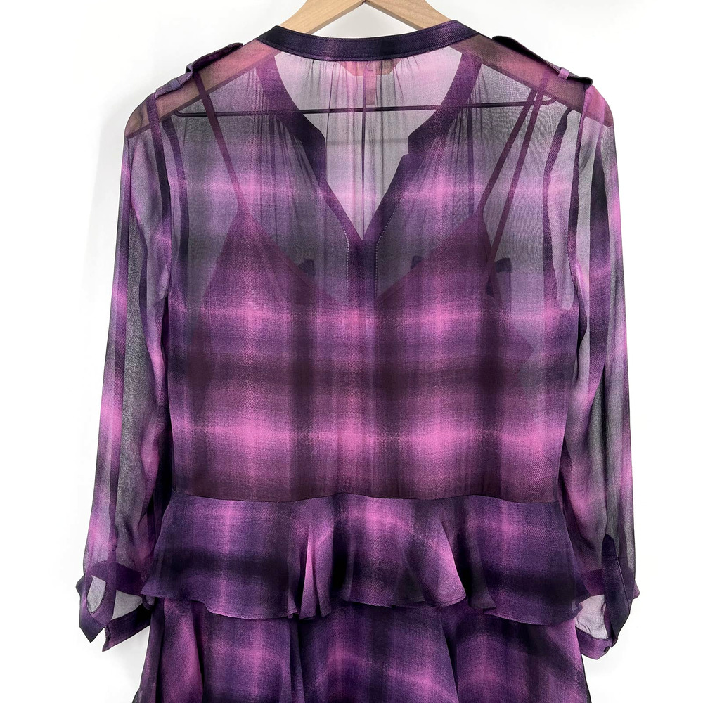 Rebecca Taylor Long Sleeve Plaid Ruffle Dress in Berry Size 2 Purple Black Sheer - Picture 14 of 16